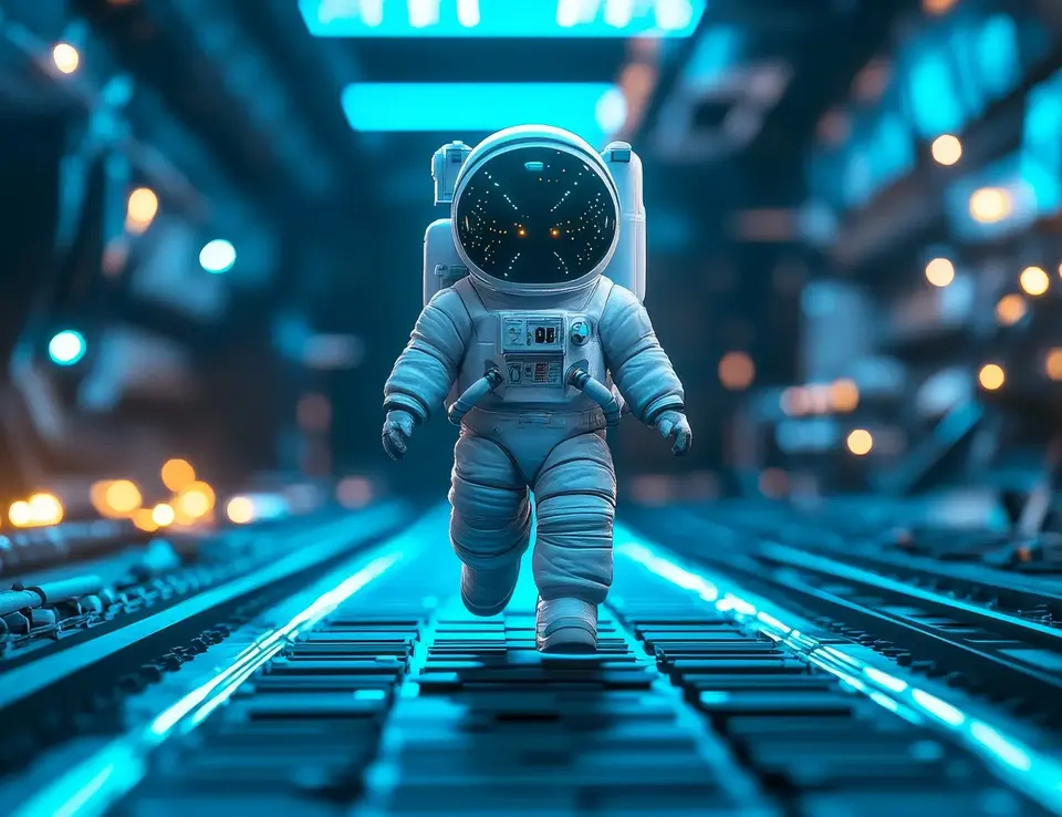 a astronaut walking on a track