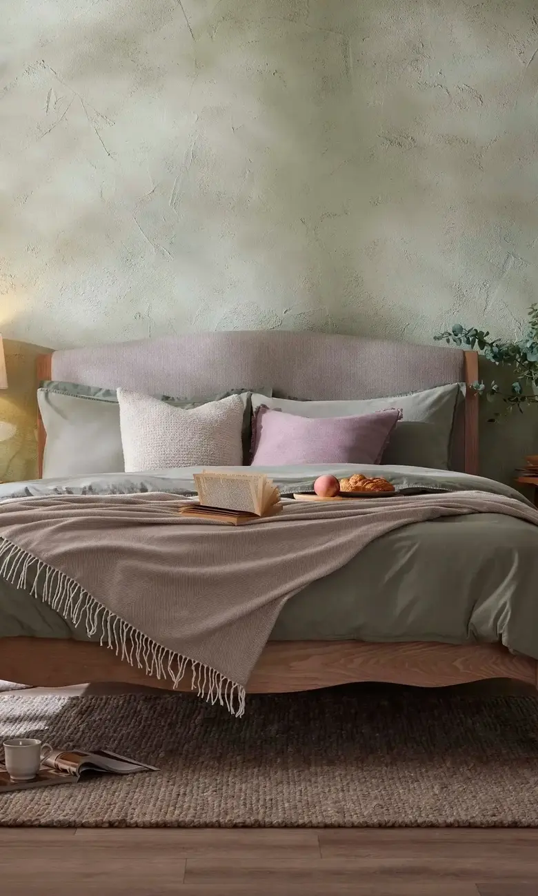 a bed with a book and candles on the side of it