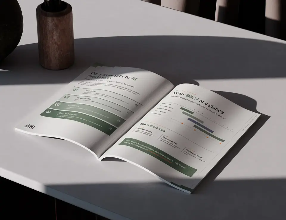 IDHL's AI Discovery Advantage review booklet open on a table