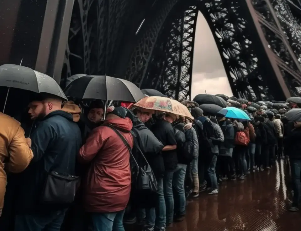 AI generated image of people with umbrellas at the Eiffel Tower