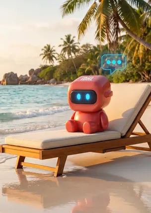 IDHL's orange State of AI Search AI bot sitting on a sunbed on a sandy beach