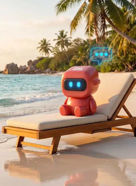 IDHL's orange State of AI Search AI bot sitting on a sunbed on a sandy beach