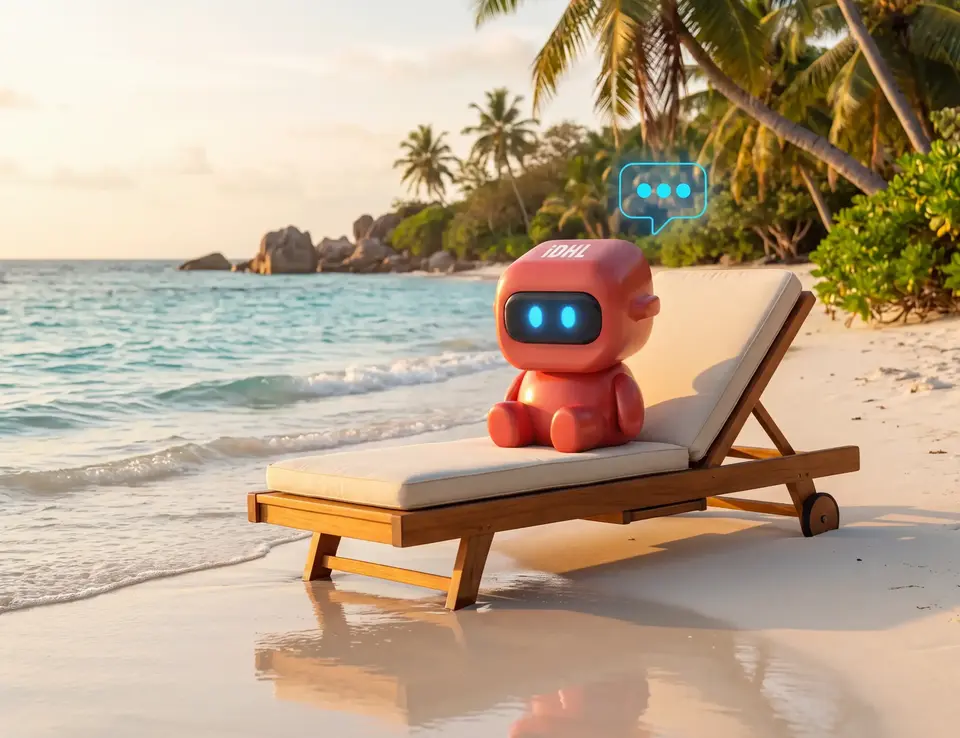 IDHL's orange State of AI Search AI bot sat on a sun bed on a sandy beach