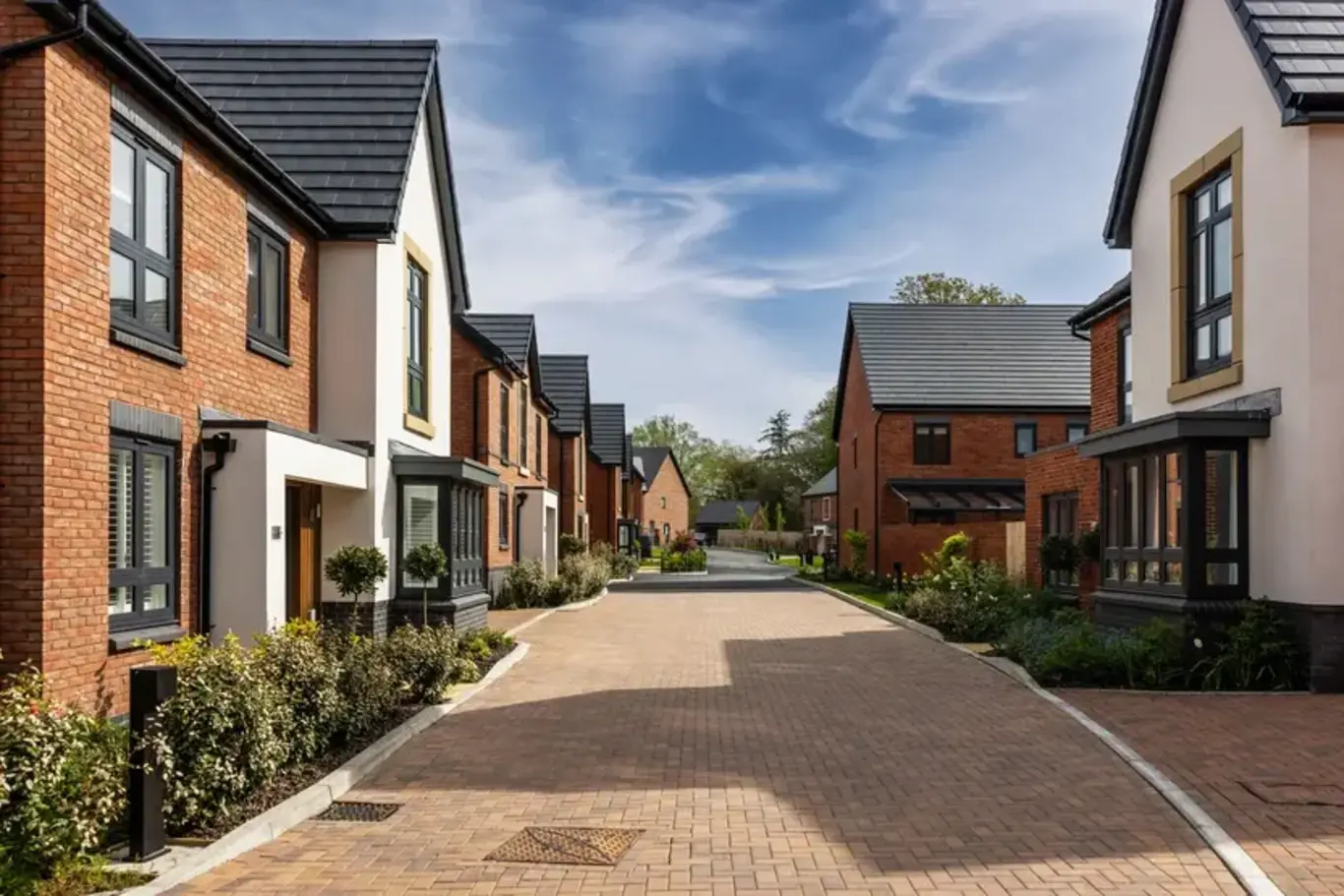 a row of houses with a brick road