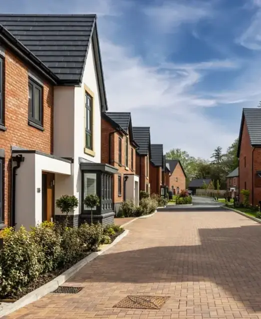 a row of houses with a brick road
