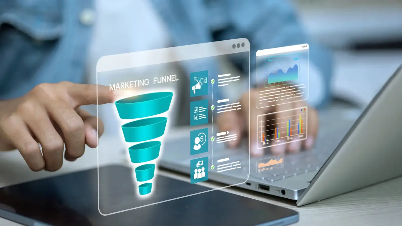 a person touching a screen with a digital funnel