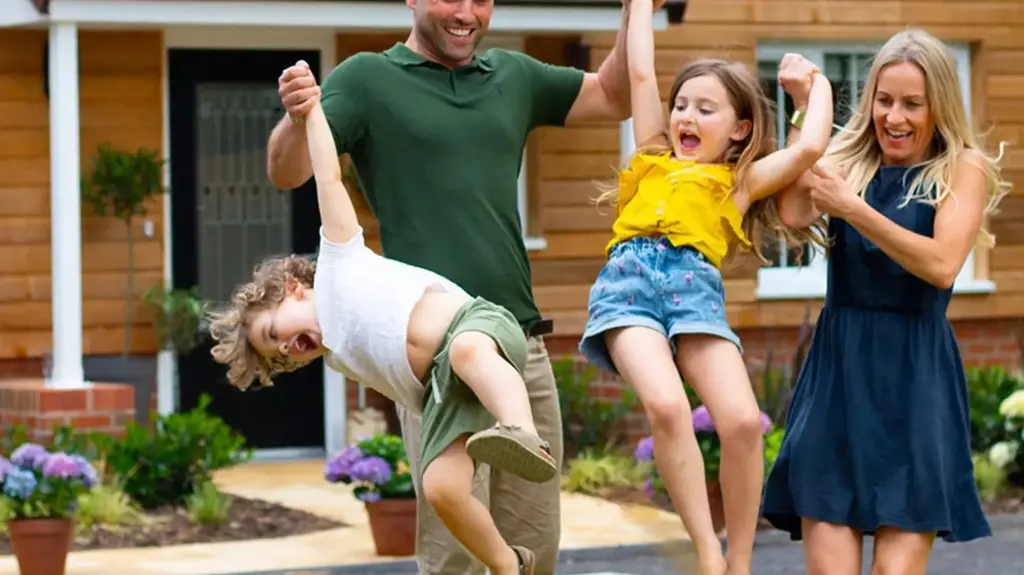 Family swinging hands outside of a new home