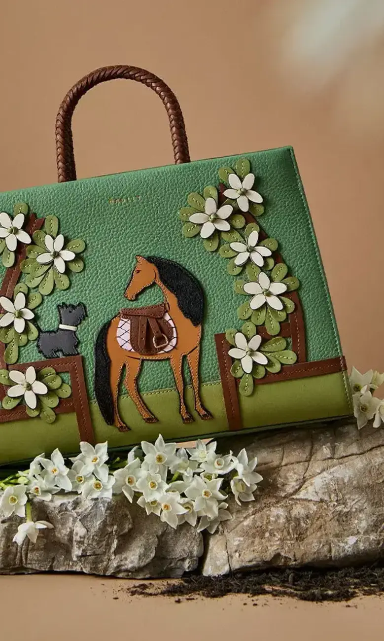 a green bag with a horse and cat on top of a rock