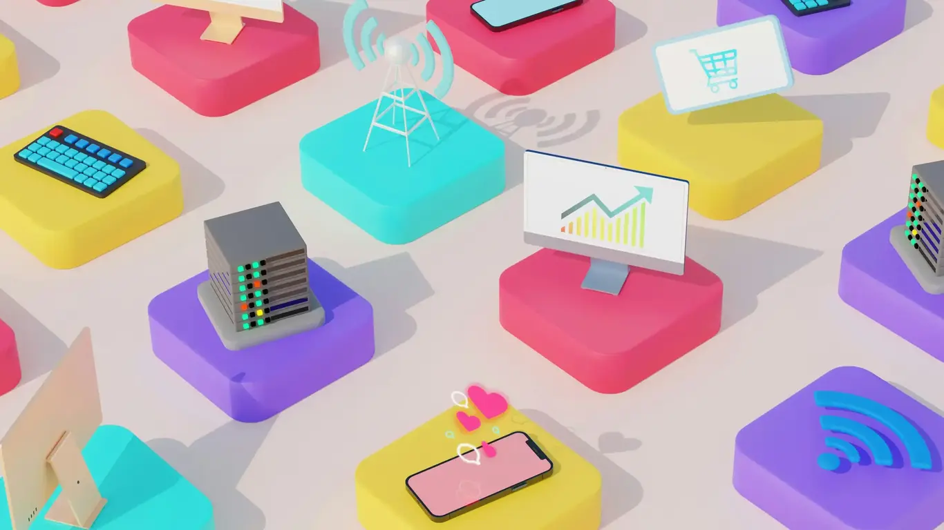 a group of colorful squares with different computer icons