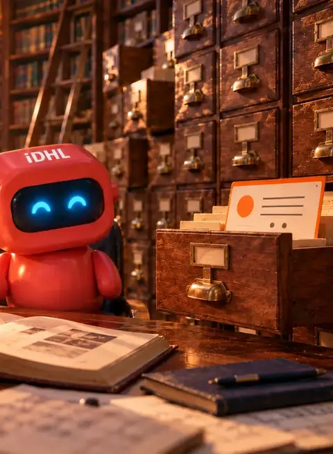 IDHL's orange State of AI Search robot stood behind a desk surrounded by open draws full of index cards