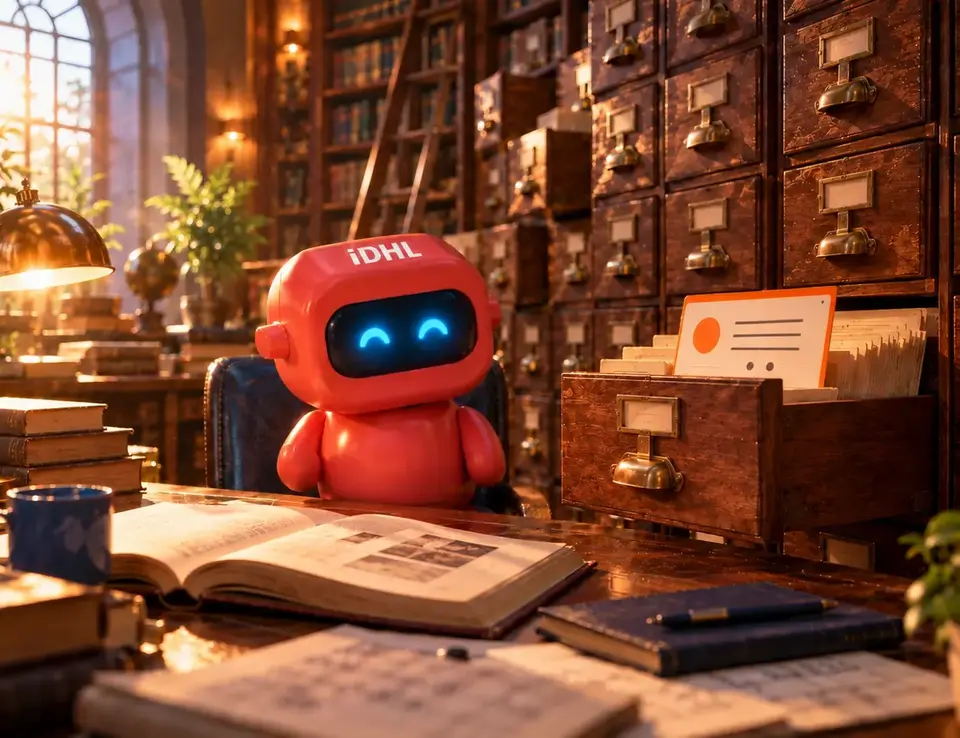 IDHL's orange State of AI Search robot stood behind a desk surrounded by open draws full of index cards