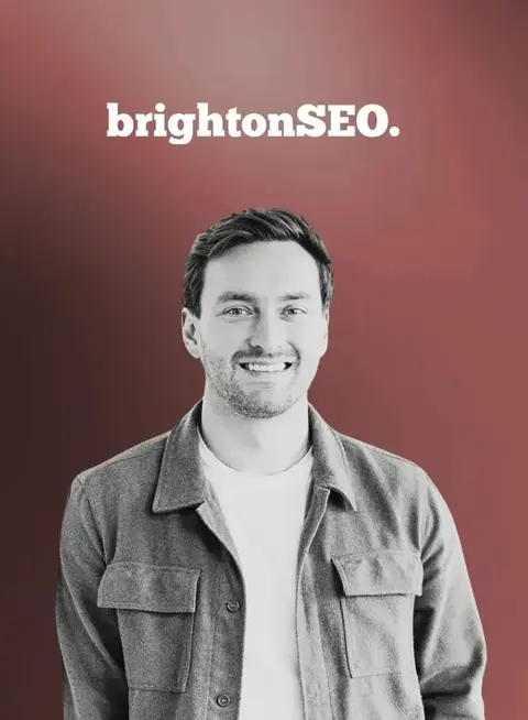 IDHL's analytics specialist Harry Lote on a background of red with the BrightonSEO logo