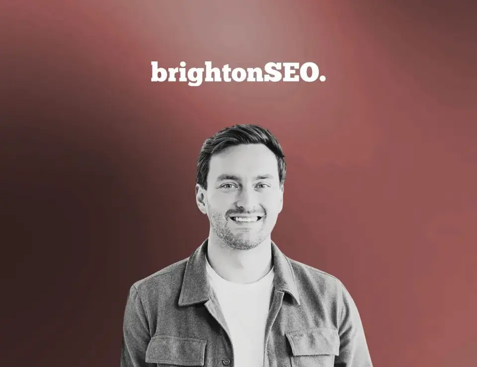 IDHL's analytics specialist Harry Lote on a background of red with the BrightonSEO logo