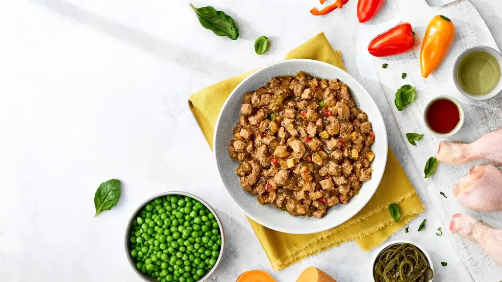a bowl of food on a white surface