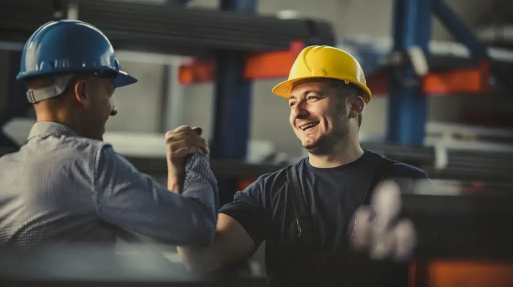 a group of men wearing hard hats shaking hands