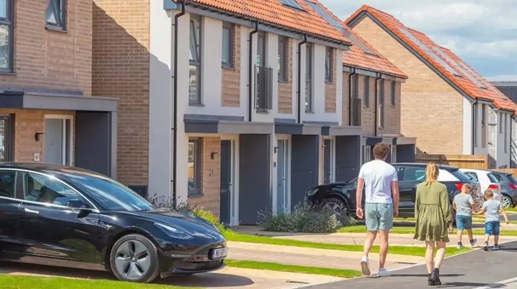a group of people walking along a row of houses