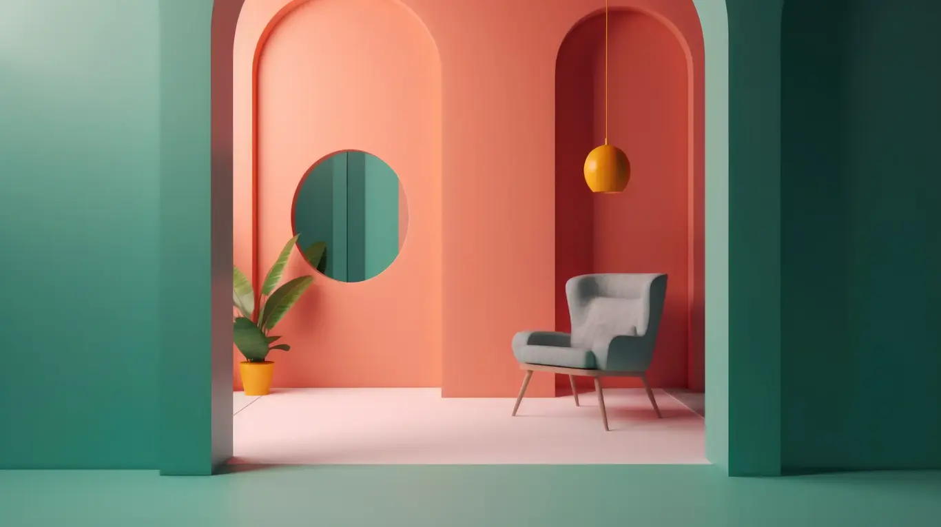 a chair in a room with orange walls and a plant