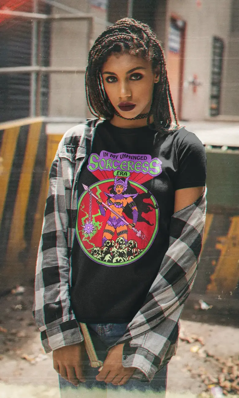 Woman wearing graphic t-shirt