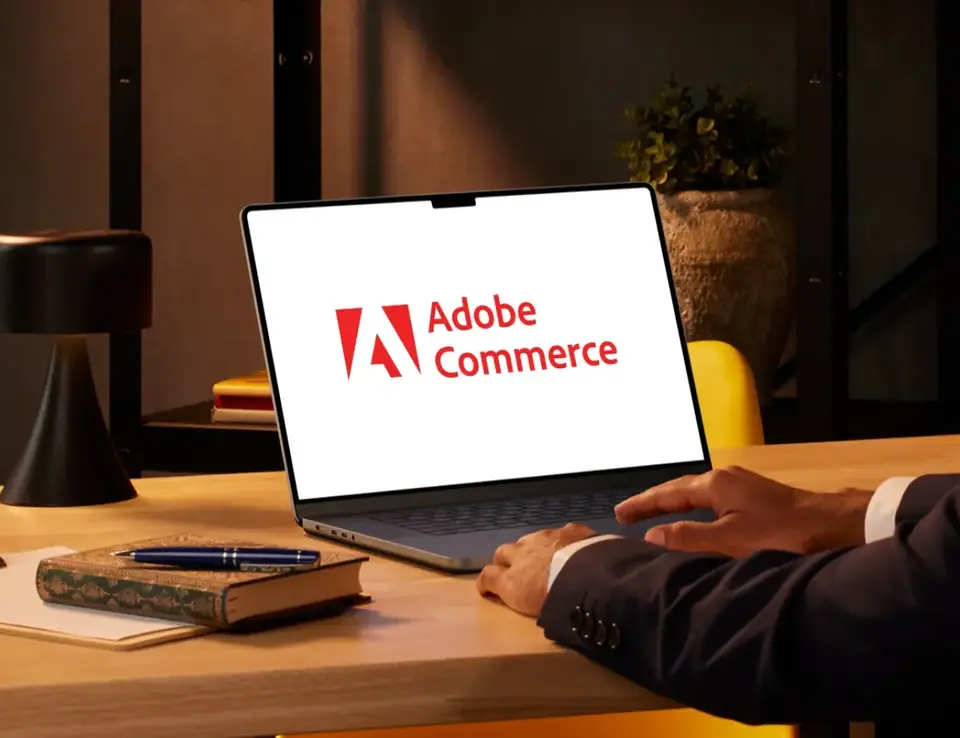 Adobe Commerce logo on laptop