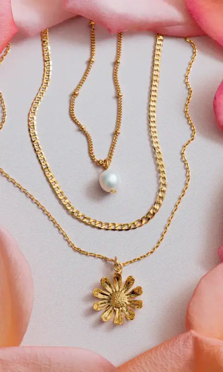 Golden necklaces surrounded by petals