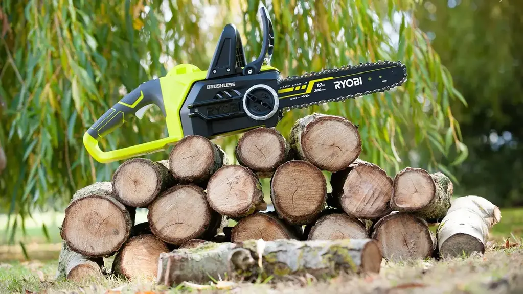 Ryobi chainsaw on pile of cut logs
