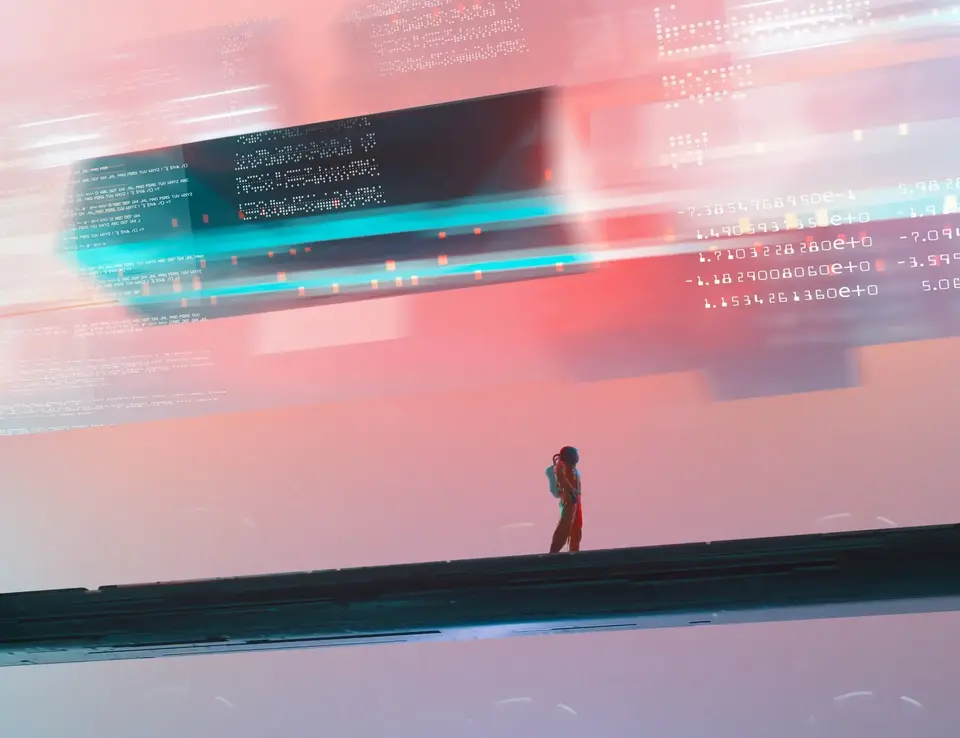 Astronaut standing and viewing floating data code against a pink backdrop