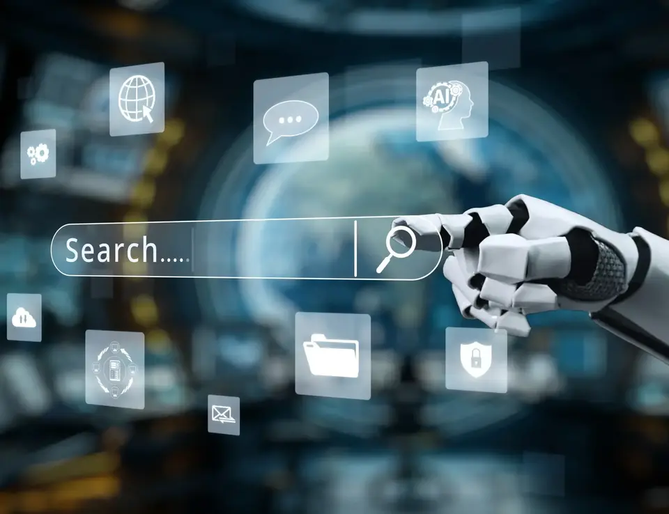 a robot touching a search bar