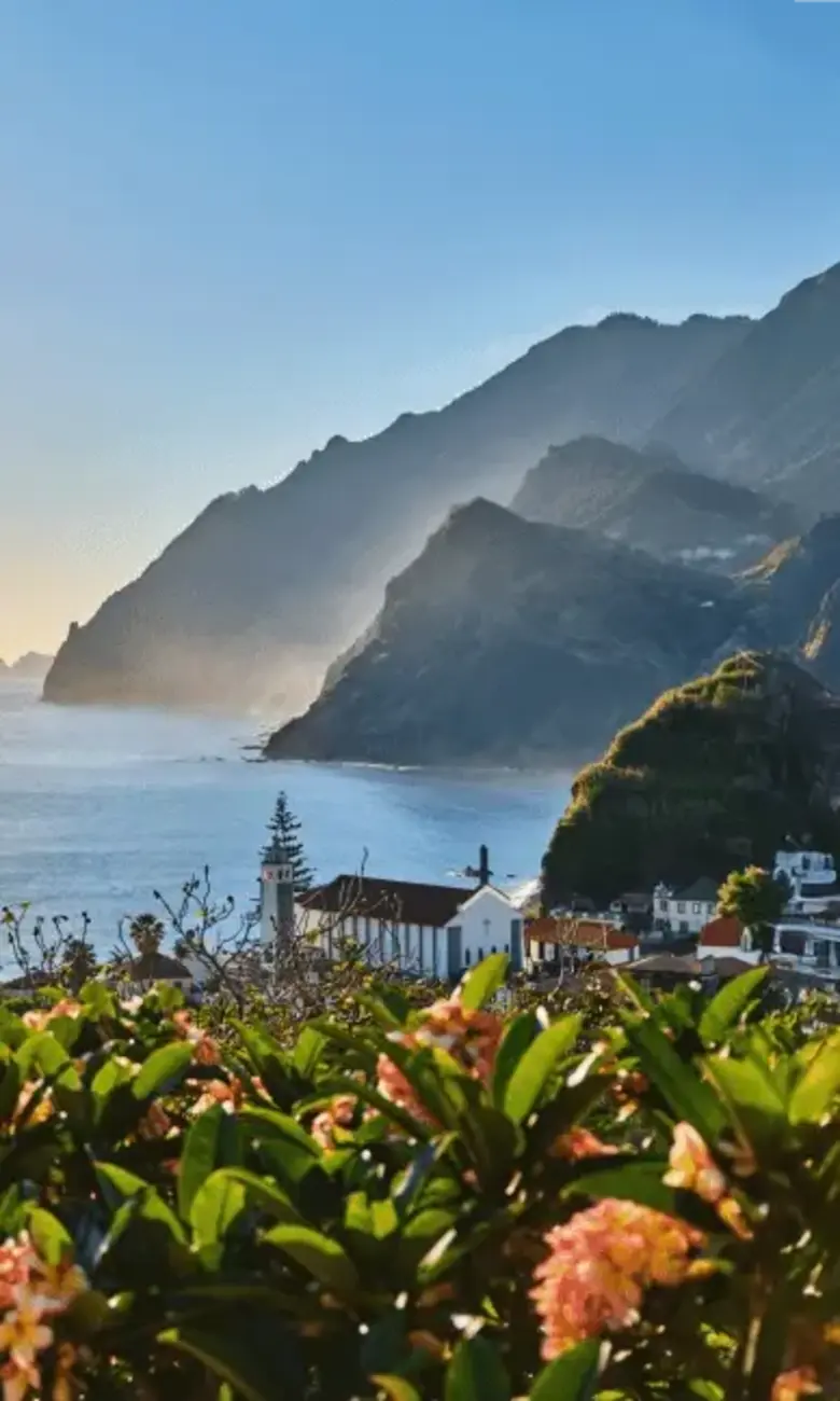a landscape of a body of water with a city and mountains
