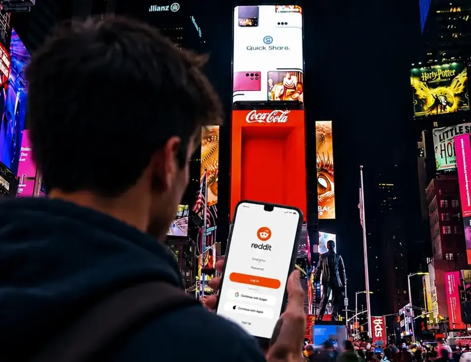 Man holding phone in Times Square, the phone screen shows the Reddit login page